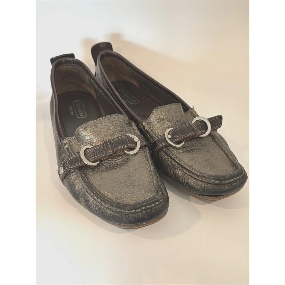 Coach Jillian Driving Shoes Leather Loafers Womens 10 Gunmetal Gray Metallic Moc